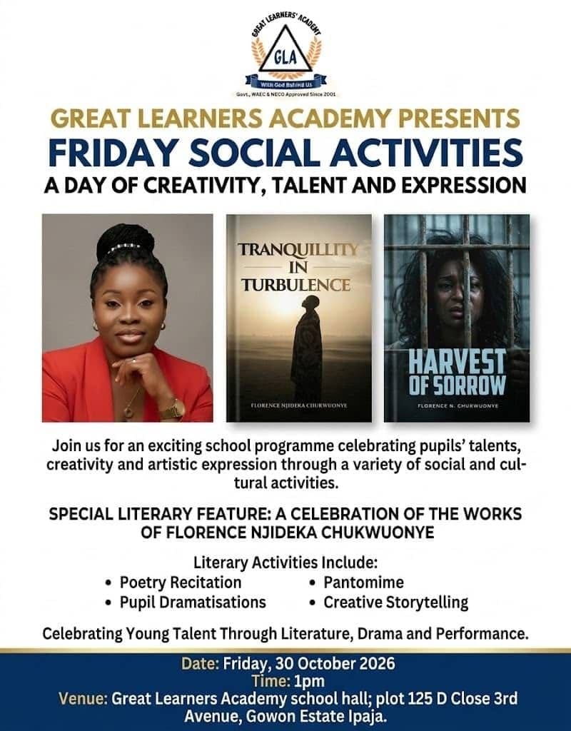 Great Learners’ Academy to celebrate Florence Chukwuonye’s literary works